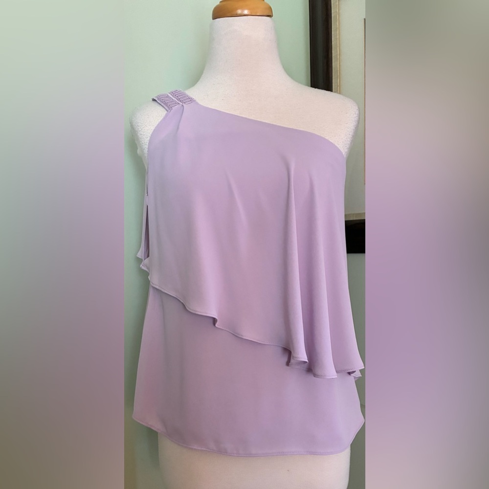 White House Black Market One Shoulder Ruffle Overlay Top Shirt lilac size 2